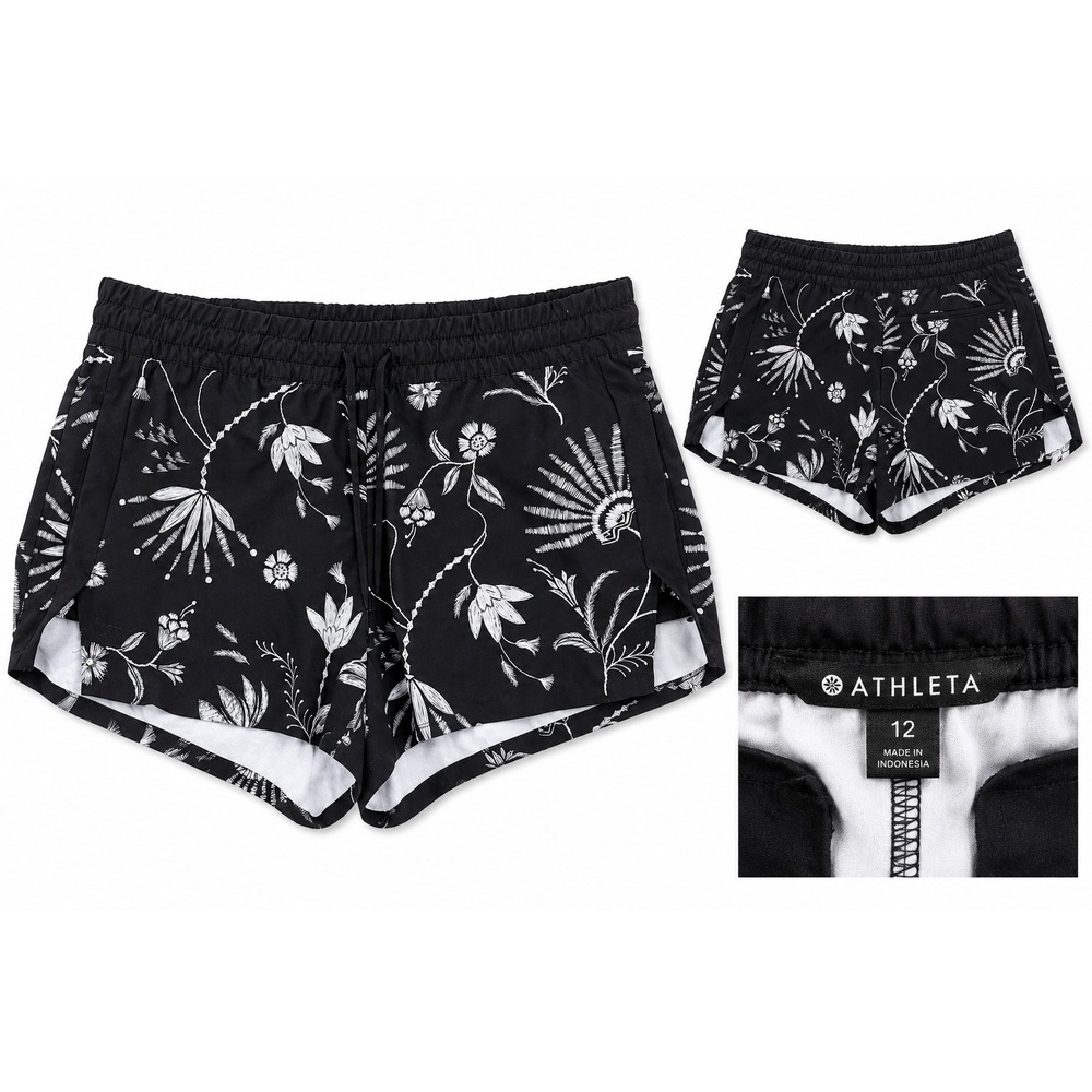 Athleta Floral Running Shorts Womens 12 Black‎ White Lightweight Athletic Trail